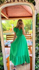 Kadın Kısa Kollu Kruvaze Yakalı Beli Lastikli Müslim Elbise