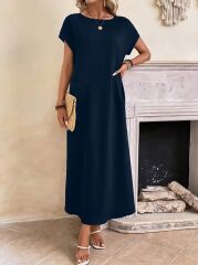 Kadın Uzun Kollu Yakası Açık Viskon Elbise