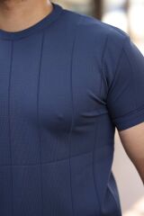 Erkek Ince çizgi Dokulu Bisiklet Yaka Kısa Kollu T-shirt