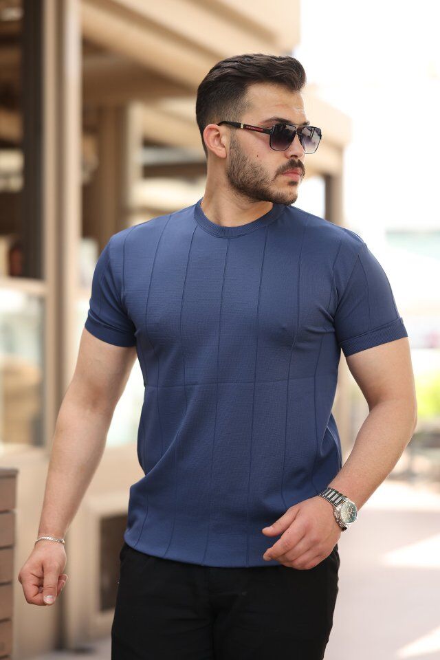 Erkek Ince çizgi Dokulu Bisiklet Yaka Kısa Kollu T-shirt