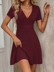 Kadın Kısa Kollu Kruvaze Yaka A Kesim Kalın Fitilli Kaşkorse Elbise
