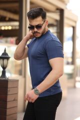 Erkek Ince çizgi Dokulu Bisiklet Yaka Kısa Kollu T-shirt