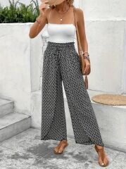 Kadın Yüksek Bel Lastikli önden Iki Parçalı Desenli Bürümcük Pantolon