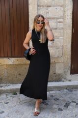 Kadın Kolsuz Sırttan çapraz Ip Detaylı Uzun Viskon Elbise