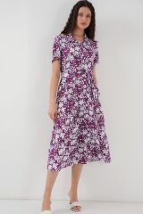 2191 Kısa Kol Desenli Elbise - Mor