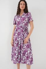 2191 Kısa Kol Desenli Elbise - Mor