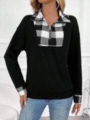 Kadın Uzun Kollu Yakalı önden Fermuarlı Ekose Detaylı Viskon Iki Iplik Bluz