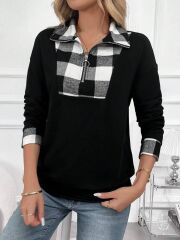 Kadın Uzun Kollu Yakalı önden Fermuarlı Ekose Detaylı Viskon Iki Iplik Bluz