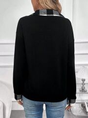 Kadın Uzun Kollu Yakalı önden Fermuarlı Ekose Detaylı Viskon Iki Iplik Bluz