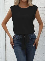 Kadın Kısa Kollu Etek Ucu Bağlama Detay Kolsuz Ithal Krep Bluz