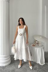 Ekru Kuplu Uzun Elbise