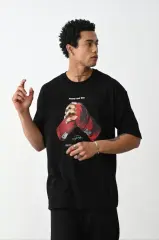 Unisex Baskılı Oversize T-Shirt - Siyah