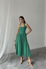 Yeşil Boyundan Bağlamalı Keten Elbise