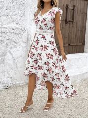 Kadın Kısa Kollu V Yakalı çiçek Desenli önü Kısa Arkası Uzun Süprem Elbise