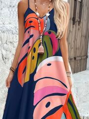 Kadın Ip Askılı V Yakalı Desenli Süprem Maxi Elbise