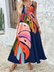 Kadın Ip Askılı V Yakalı Desenli Süprem Maxi Elbise