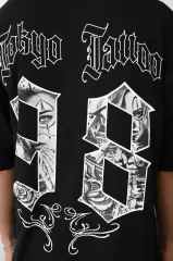 Unisex Baskılı Oversize T-Shirt - Siyah