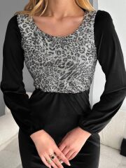 Kadın Fırsat ürünü Leopar Desen Pul Payet Işlemeli Midi Boy Kadife Kumaş Elbise