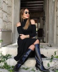 Kadın Balıkçı Yaka Omuzlardan Açık Uzun Kollu Janjan Krep Elbise