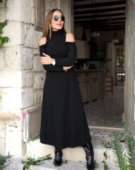 Kadın Balıkçı Yaka Omuzlardan Açık Uzun Kollu Janjan Krep Elbise