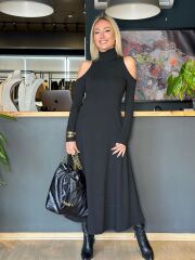 Kadın Balıkçı Yaka Omuzlardan Açık Uzun Kollu Janjan Krep Elbise