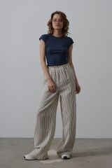 Çizgili Pamuklu Lastikli Pantolon - Bej-Lacivert