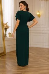 Kadın Kısa Kollu Kruvaze Yakalı Belden çiçek Aksesuarlı Yırtmaçlı Ithal Krep Elbise