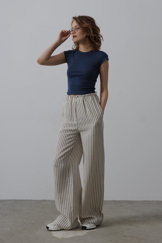 Çizgili Pamuklu Lastikli Pantolon - Bej-Lacivert