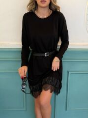 Kadın Uzun Kollu Bisiklet Yaka Etek Ucu Deri Ve Tül Detay Iki Iplik Mini Boy Elbise