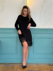 Kadın Uzun Kollu Bisiklet Yaka Etek Ucu Deri Ve Tül Detay Iki Iplik Mini Boy Elbise