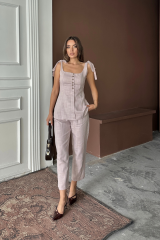 ŞANTUK KETEN YELEK GÖRÜNÜMLÜASKILI BLUZ - PANTOLON TK - Lila