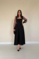 Siyah Kolları Organze Kuplu Elbise