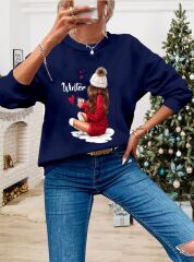 Kadın Yılbaşı Özel Uzun Kollu Bisiklet Yaka Desenli Viskon Iki Iplik Bluz