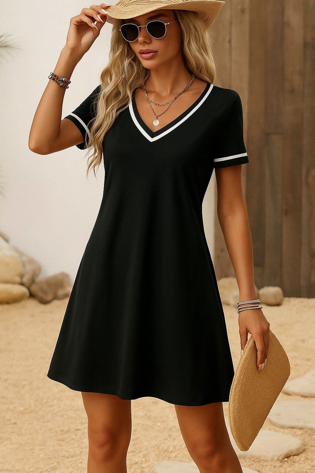 Kadın Kısa Kollu V çizgili Yakalı Kısa Viskon Elbise