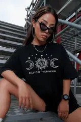 Unisex Baskılı Oversize T-Shirt - Siyah