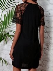 Kadın Dantelli Kısa Kollu Damla Yaka Krep Elbise