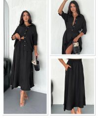 Kadın Keten Kumaş Gömlek Ve Etek Ikili Takim