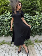 Kadın Kısa Balon Kollu Bisiklet Yaka Geniş Kesim Janjan Krep Elbise