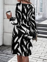 Kadın Uzun Kollu Bel Bağlama Detay Krep Elbise