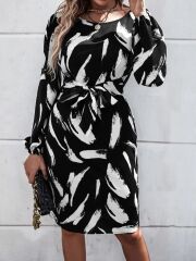 Kadın Uzun Kollu Bel Bağlama Detay Krep Elbise