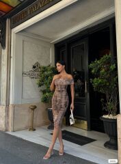 Kadın Madonna Yaka Dalga Desen Midi Boy şifon Elbise