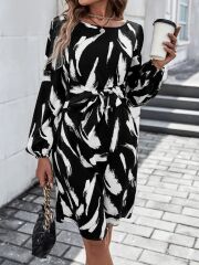 Kadın Uzun Kollu Bel Bağlama Detay Krep Elbise