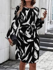 Kadın Uzun Kollu Bel Bağlama Detay Krep Elbise