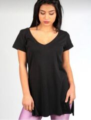 Kadın Kısa Kollu V Yaka Yanları Yırtmaç Detay Penye Bluz