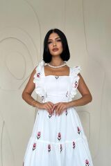 Kırmızı Sıfır Kol Fırfırlı Elbise