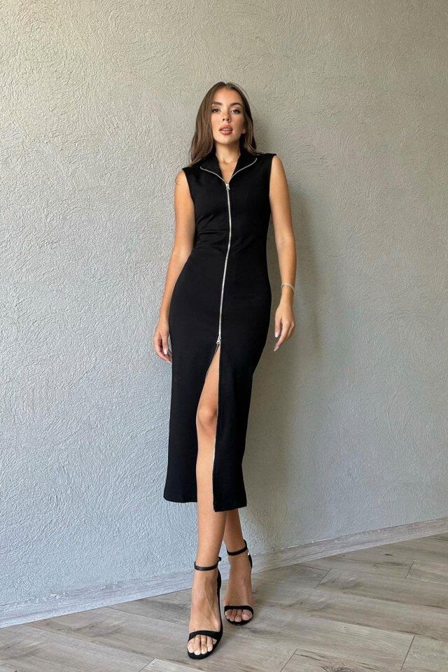 Siyah Boydan Fermuarlı Sıfır Kol Elbise