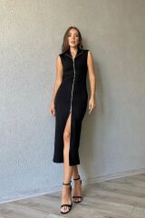 Siyah Boydan Fermuarlı Sıfır Kol Elbise