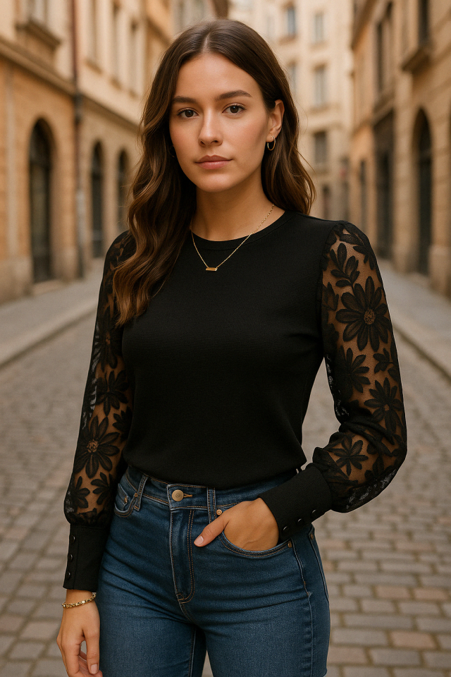 Kadın Uzun Kollu Bisiklet Yaka Kolları çiçekli Waffle Bluz