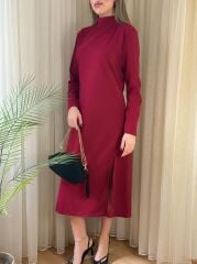 Kadın Uzun Kollu Balıkçı Yaka Derin Yırtmaç Detay Krep Elbise