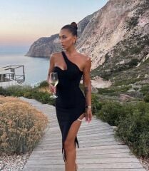 Kadın Dalgıç Krep Kumaş Taş Ve Yırtmaç Detaylı Elbise